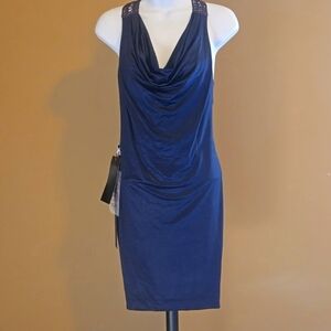 Bebe Navy Blue XS beaded and crochet sexy cowl dress. Classy & Sexy NWT